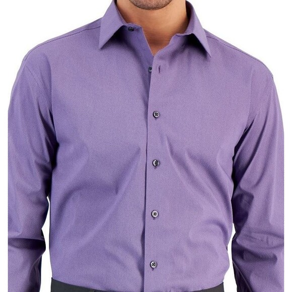 Alfani Men's Regular Fit Stain Resistant Dot Dress Shirt Purple S 14-14.5/32-33 - Picture 2 of 7